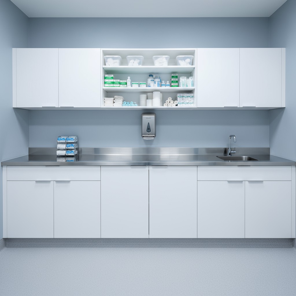 A healthcare provider's office with stainless steel countertops and cabinets.