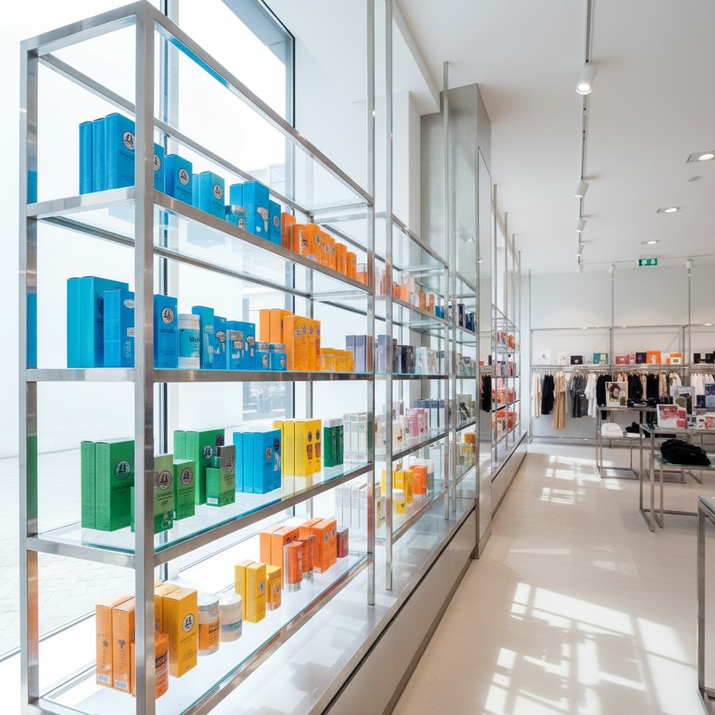 Women's clothing and accessories in an umbrella frame, in an open white hallway, above what appears to be a retail cosmeti...