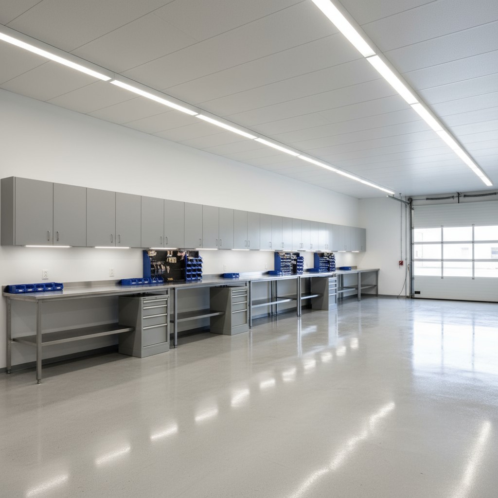 A well-lit garage workshop