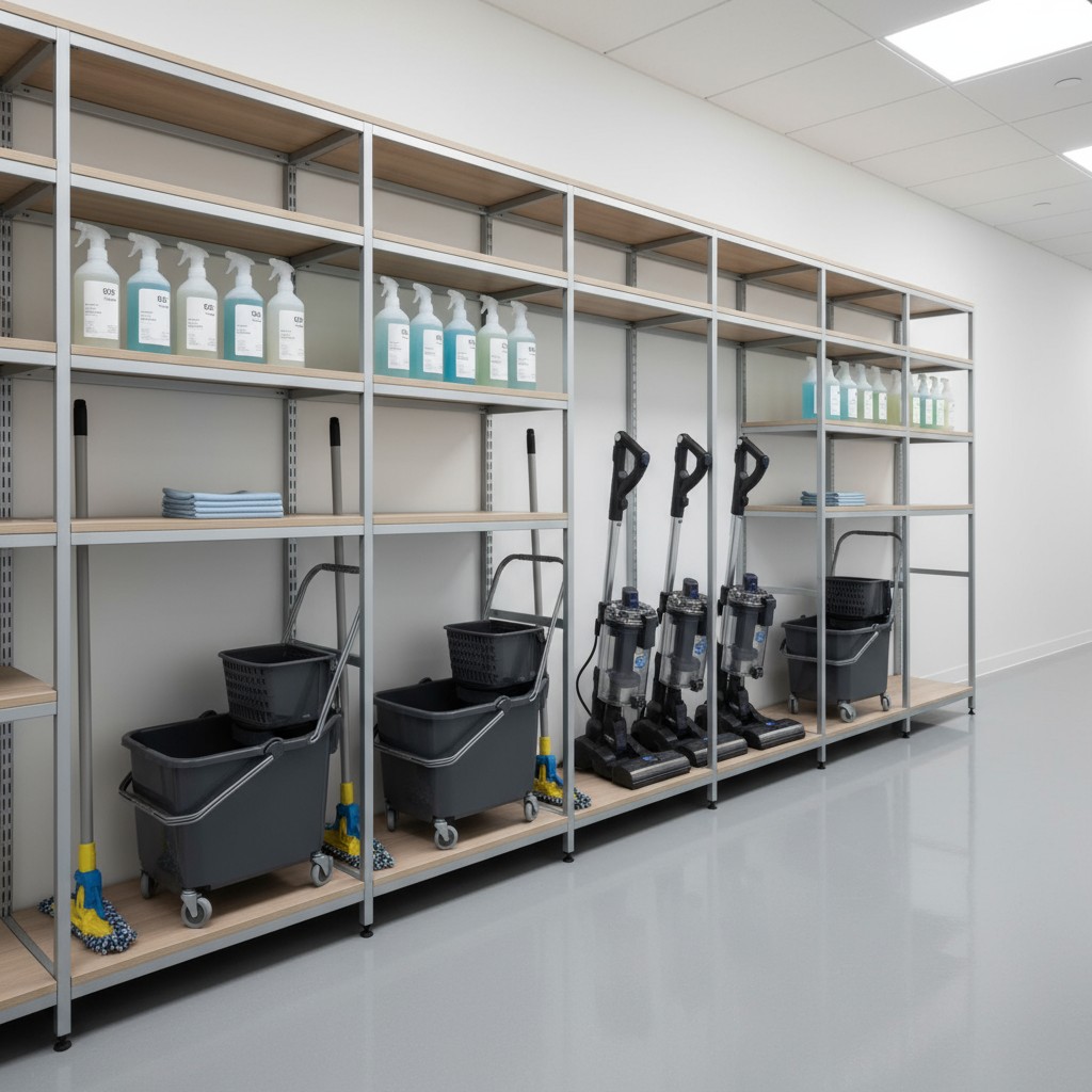 C-hundredsqn218-creative-services. This is a picture of multiple cleaning apparatuses including commercial vacuums and mop...